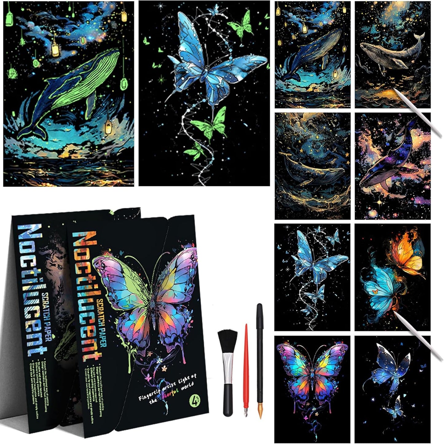 Scratchboard Art for Adult Luminous Scratch Painting Kits, A5 Scratch Art Rainbow Painting Paper 8 Sheet with 4 Tools, Scratchboard for Teens & Adults, Fun Creative Craft Toy/Gifts/Decor, Dreams