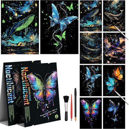 Scratchboard Art for Adult Luminous Scratch Painting Kits, A5 Scratch Art Rainbow Painting Paper 8 Sheet with 4 Tools, Scratchboard for Teens & Adults, Fun Creative Craft Toy/Gifts/Decor, Dreams