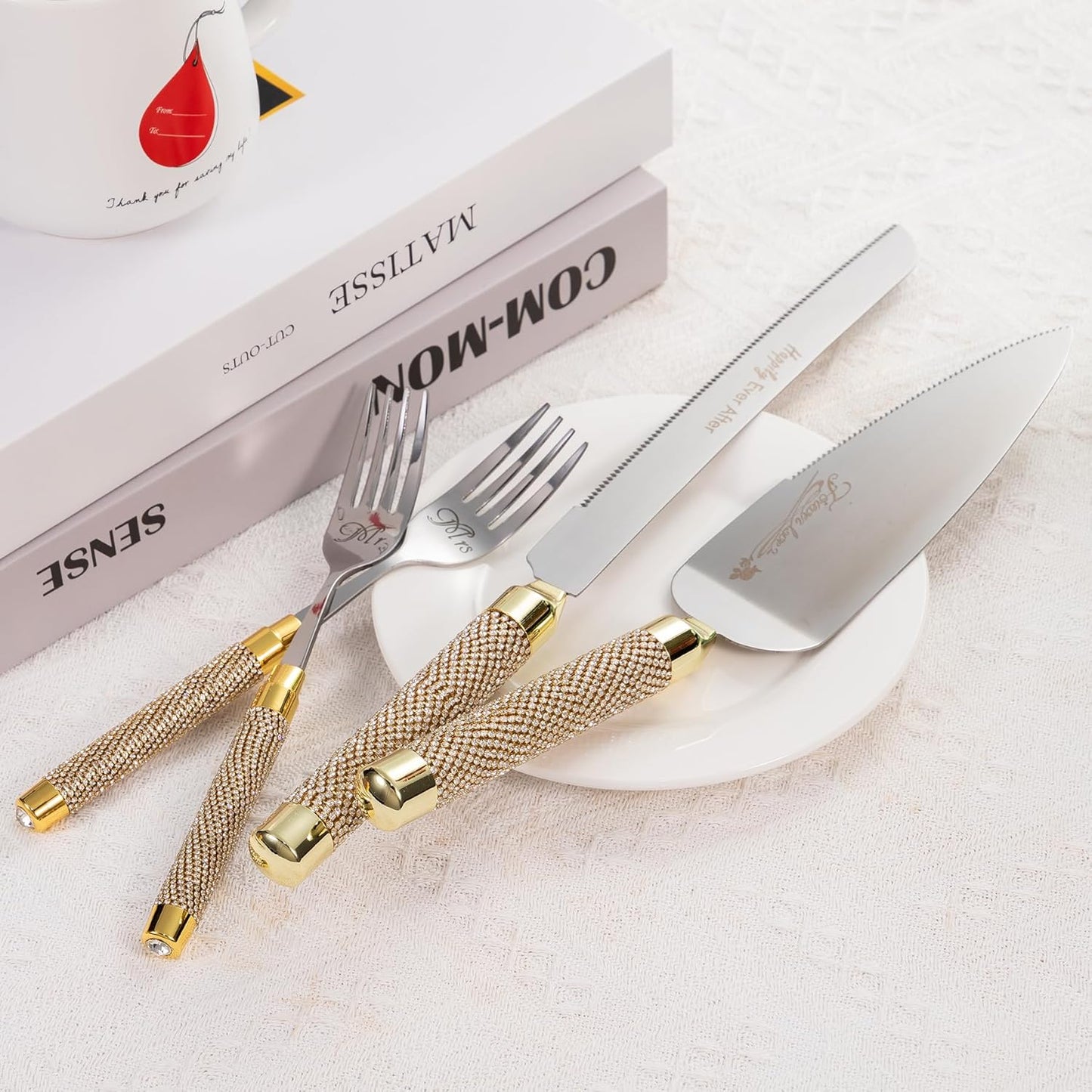 Wedding Cake Cutting Set, Wedding Cake Knife and Server Set with Fork for Mr Mrs for Anniversary Engagement Birthday