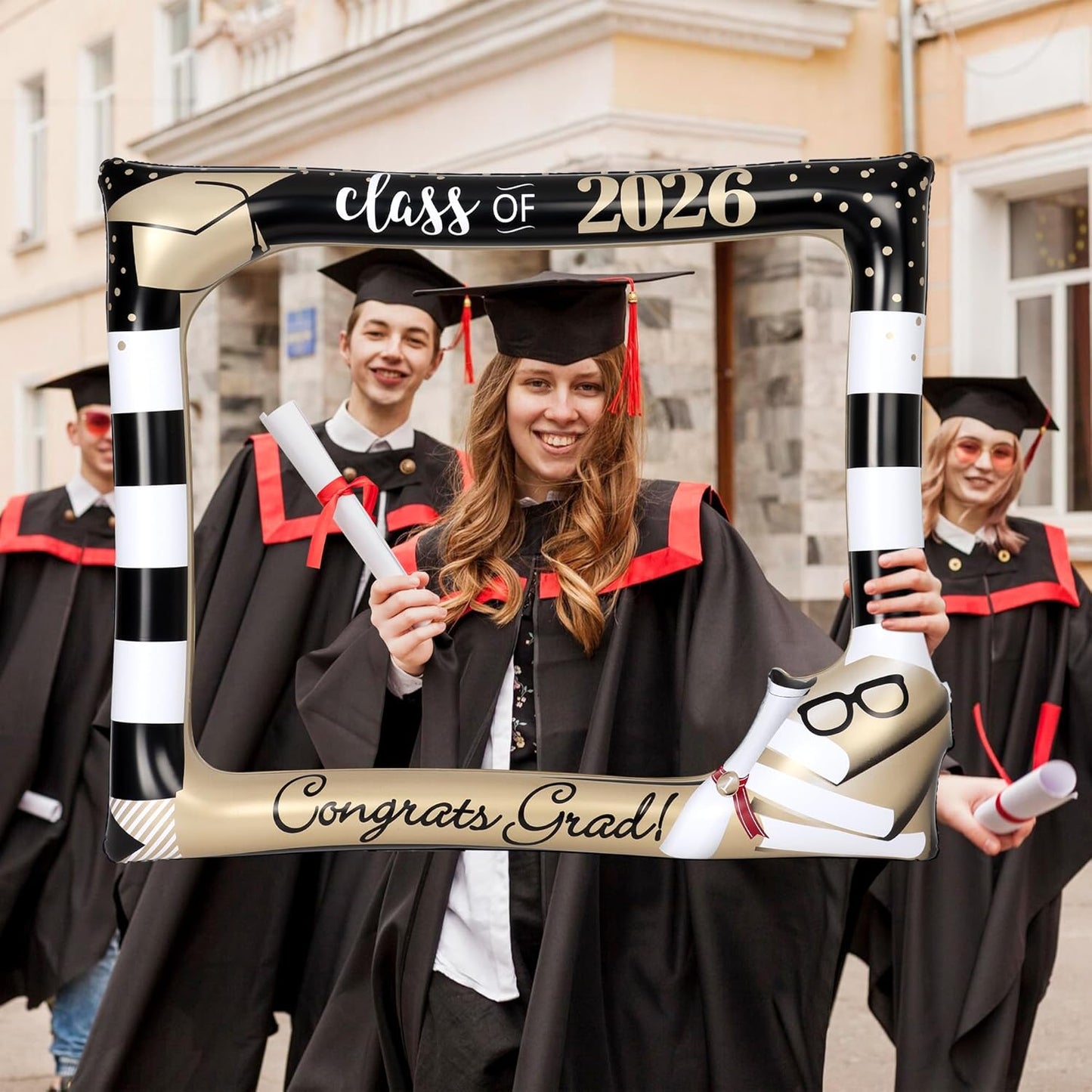 POPGIFTU Class of 2026 Graduation Photo Booth Frame, Inflatable Selfie Frame 31" x 24", Black Gold Congrats Grad Photo Booth Props for Graduation Party Decorations 2026