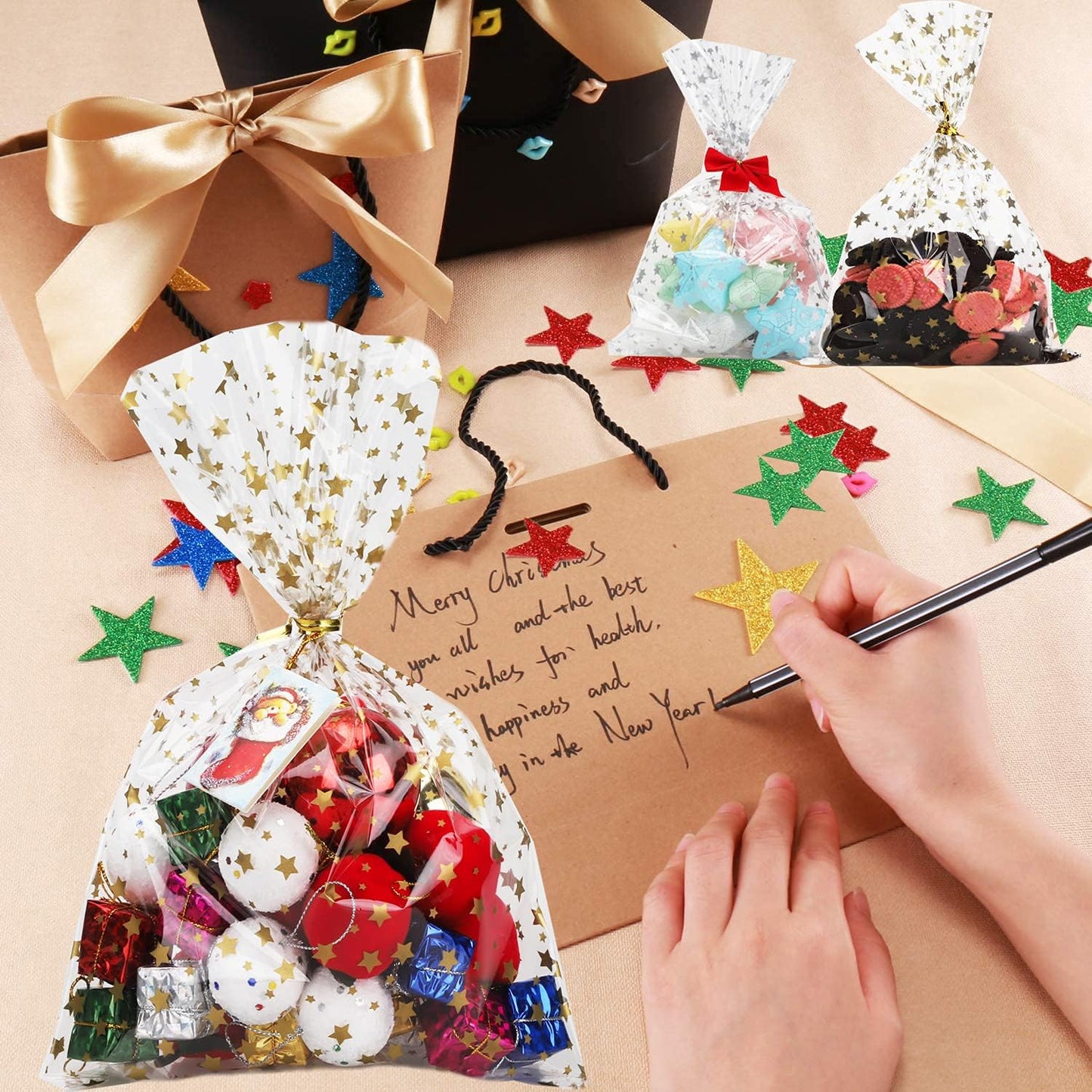 100 Pcs Star Printed 5"X 7" Gift Wrap Cello Cellophane Treat Bags Party Favor bags Clear Candy Cookie Bag Plastic Poly Goodie Storage Bag with Twist Ties for Bakery,Birthday, Wedding ,Party Decorations (Gold)