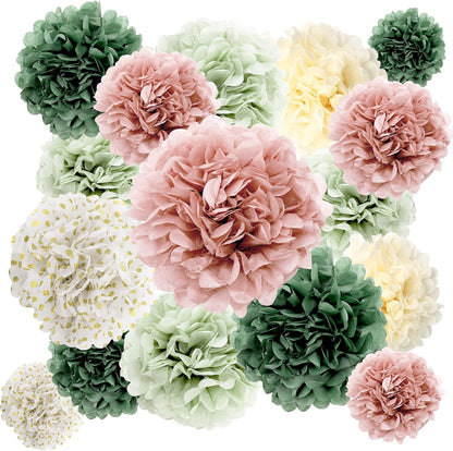 BestoFun 16 PCS Sage Green Party Decorations Tissue Paper Flowers Christmas Party Decors Hanging Pom Poms Decorations for Xmas New Year Winter Holiday Decorations