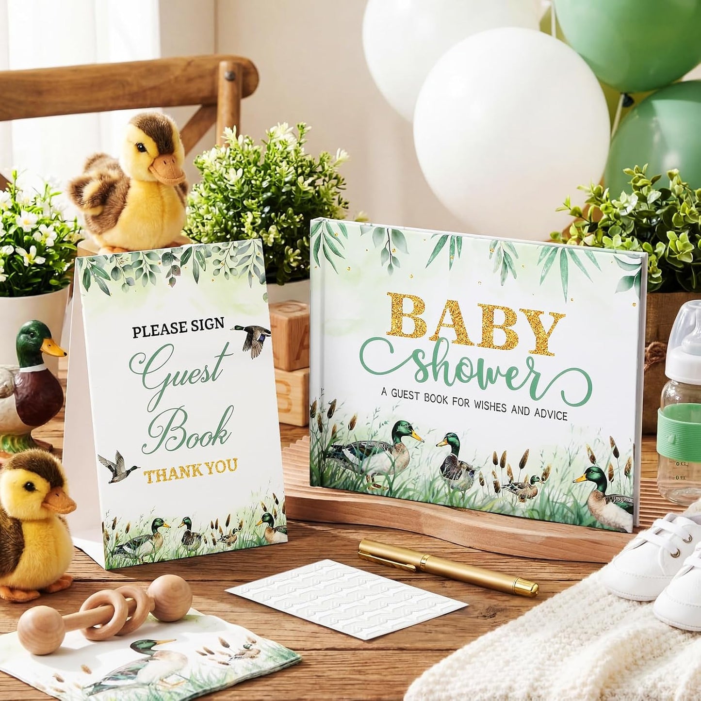 Fuyoooo 27 Pcs Safari Animal Baby Shower Guest Book Set Baby Shower Sign in Guest Floral Book Place Table Cards with Gold Pen Adhesive Photo Corner for Birthday Party