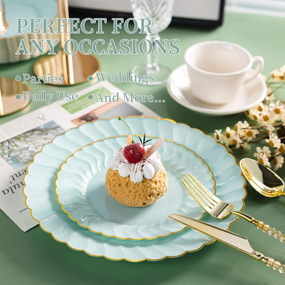Lullaby 60PCS Ivory Scalloped Plastic Plates with Gold Rim, Disposable Elegant Plates Include 30pcs Dinner Plate 10.25", 30pcs Plastic Dessert Plate 7.5", Perfect for Wedding and Party