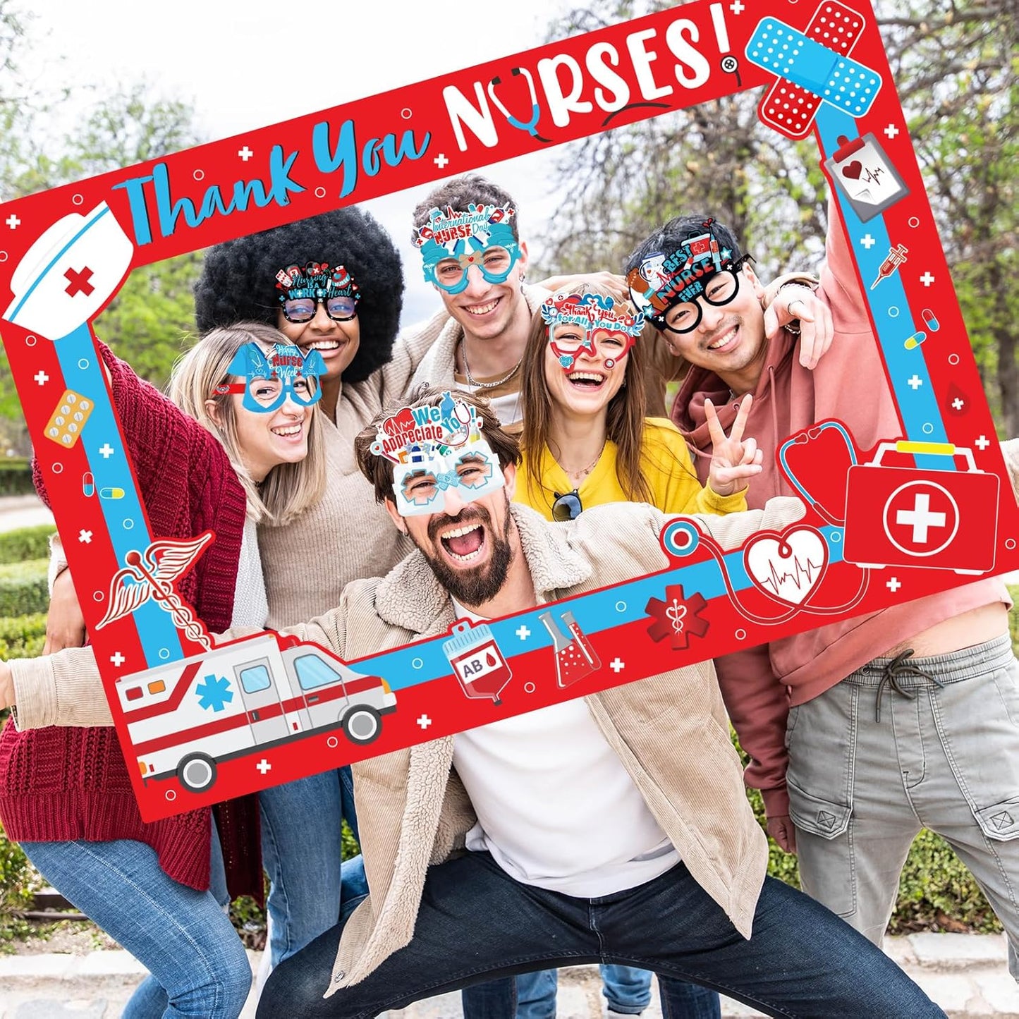 HOWAF Nurse Photo Booth Props Kit - Thank You Photo Frame with 14pcs Paper Glasses for Nurse Appreciation Week Decorations, Funny Eyeglasses
