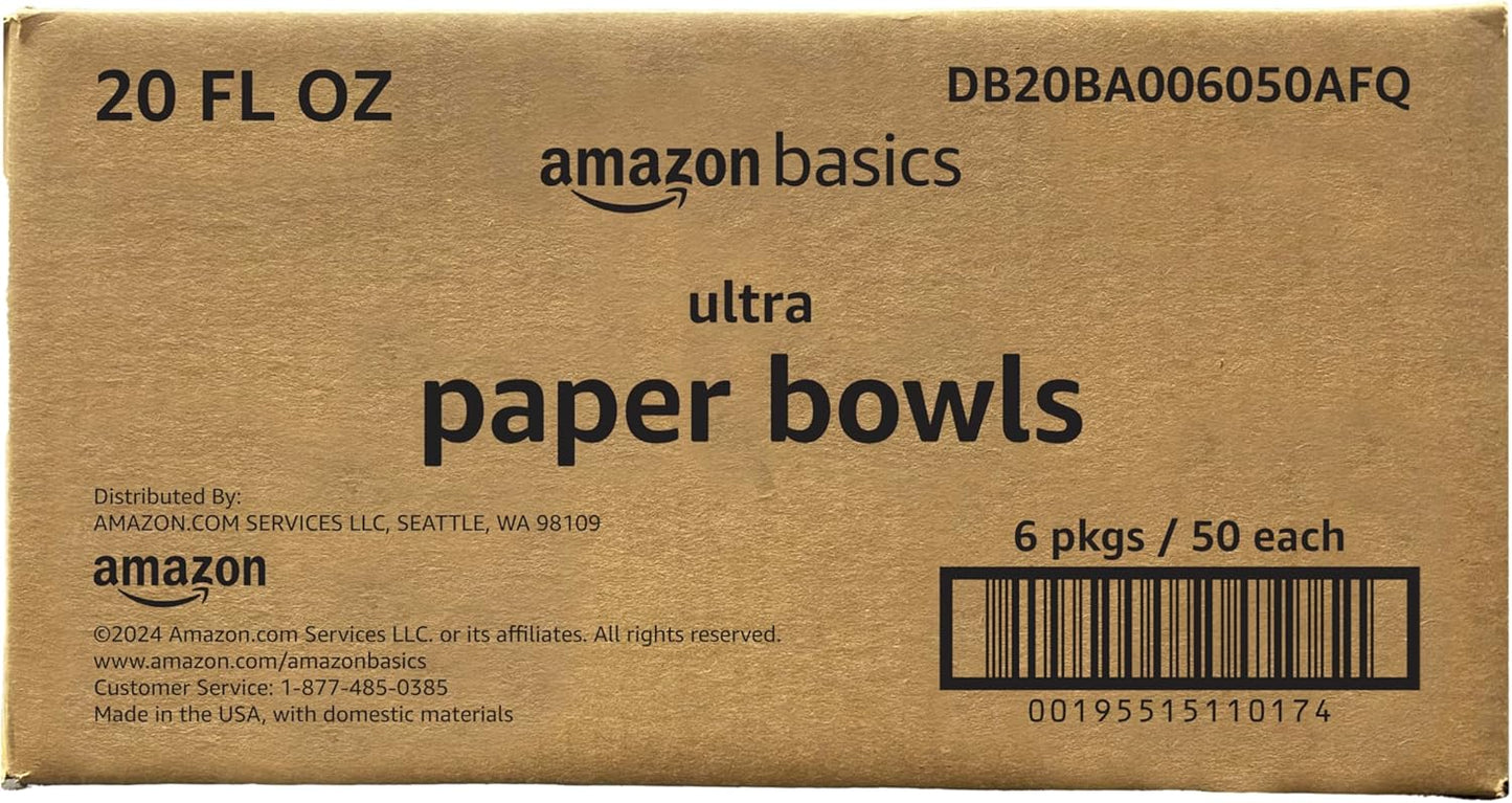 Amazon Basics Ultra Disposable Paper Bowls, 20 Oz, Microwave Safe, Soak Proof, Strong & Sturdy, White, 50 Count
