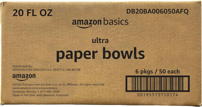 Amazon Basics Ultra Disposable Paper Bowls, 20 Oz, Microwave Safe, Soak Proof, Strong & Sturdy, White, 50 Count