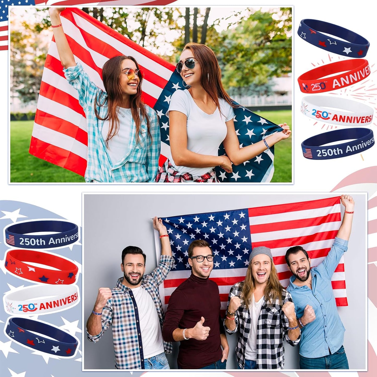 Kenning 50/100/200 Pcs 250th Anniversary Silicone Bracelets Bulk USA 4th of July Patriotic Wristband 1776-2026 American Flag Rubber Bracelet for Independence Day Party Favors Souvenirs(100 Pcs)