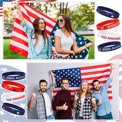 Kenning 50/100/200 Pcs 250th Anniversary Silicone Bracelets Bulk USA 4th of July Patriotic Wristband 1776-2026 American Flag Rubber Bracelet for Independence Day Party Favors Souvenirs(100 Pcs)