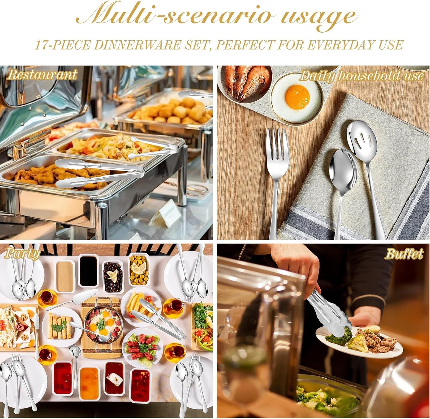 Mwellewm 17Pcs Serving Utensils, Gold Stainless Steel Serving Spoons, Slotted Spoon, Fork, Tongs, Cake Pie Server, Soup Spoon, Metal Buffet Banquet Cutlery Set for Parties Entertaining Catering