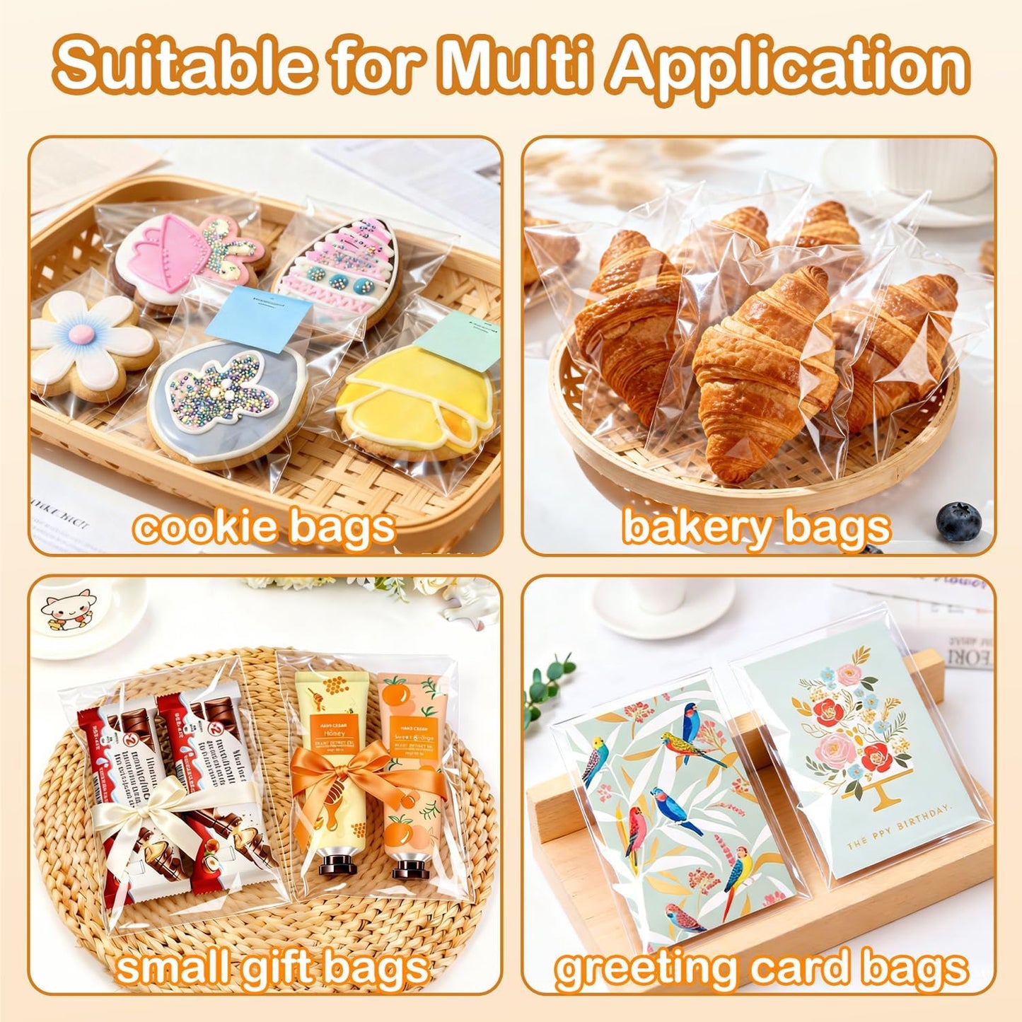 PigPotParty Cookie Bags 4''x 6", 100 Pcs Self Sealing Cellophane Treat Bags, Small Clear Plastic Goodie Bag for Gift, Snack, Party Favor, Candy