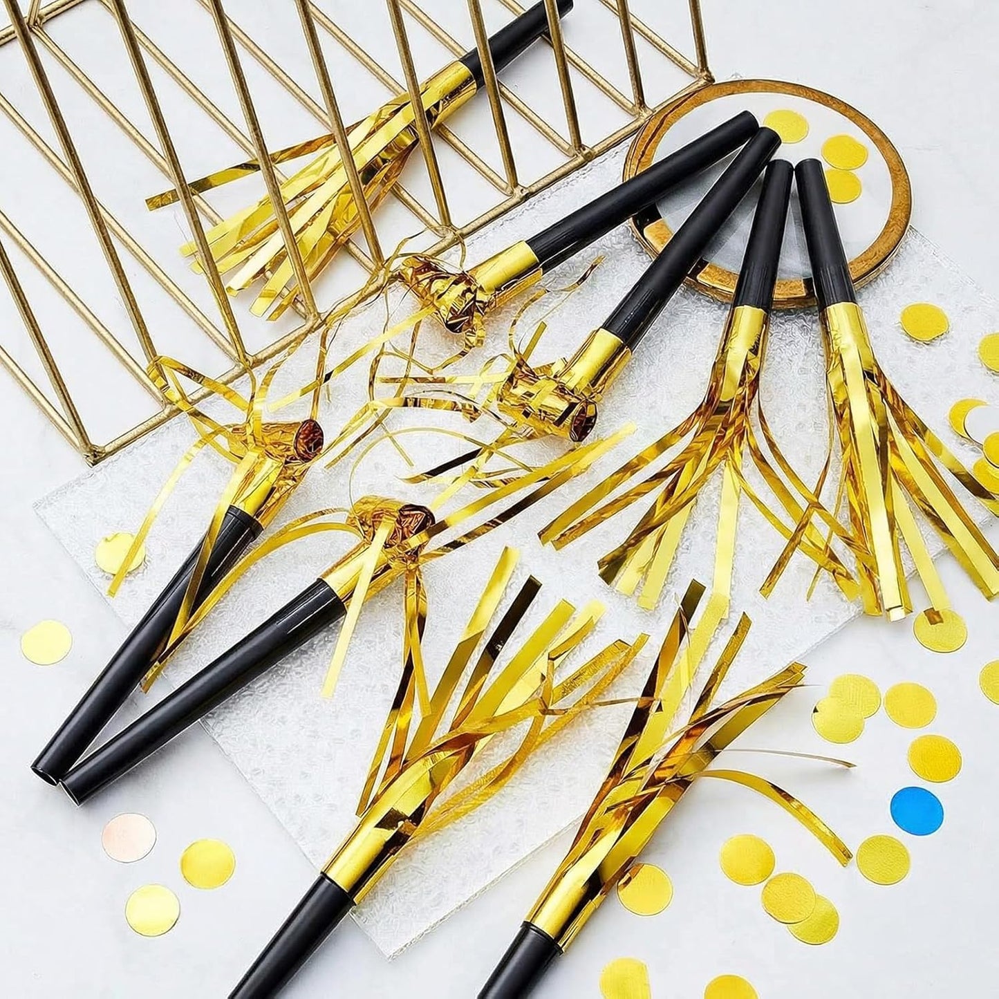Skylety 48 Pcs Noise Makers Glitter Noise Makers Metallic Fringed Party Blowers Noisemakers Horns for Adults Birthday Graduation Sporting Events 2026 New Years Party Favor Supplies (Gold)
