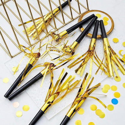 Skylety 48 Pcs Noise Makers Glitter Noise Makers Metallic Fringed Party Blowers Noisemakers Horns for Adults Birthday Graduation Sporting Events 2026 New Years Party Favor Supplies (Gold)