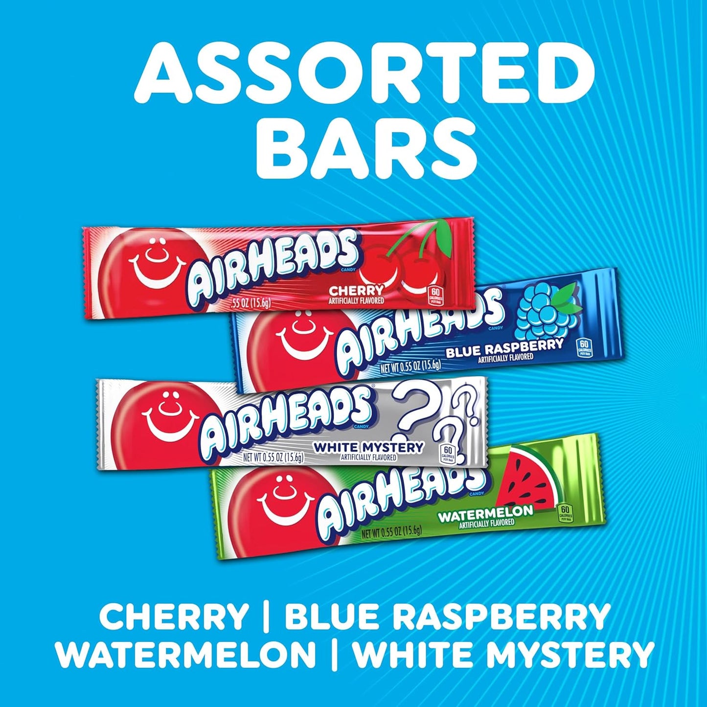 Airheads Full-Size Candy Bars, Taffy Candy Bulk Variety Pack, Individually Wrapped, Six Assorted Fruit Flavors Artificially Flavored, 60 Count Box