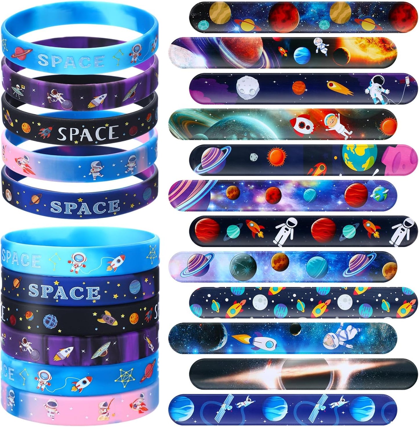 Realspring 48 Pcs Outer Space Party Favors 24 Space Slap Bracelets 24 Silicone Wristbands Galaxy Astronaut Bracelets Bulk for Kids Classroom Rewards Stars Solar System Planet Birthday Party Supplies