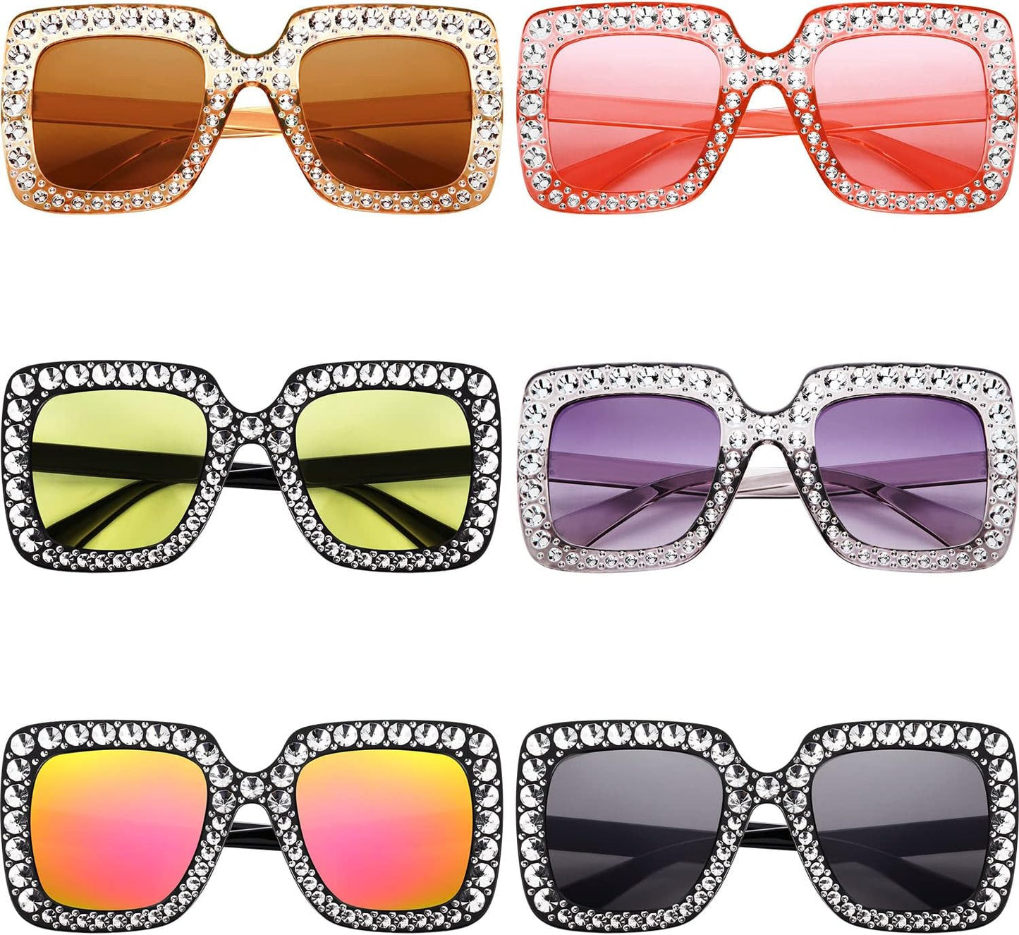 Frienda 6 Pairs Rhinestone Oversized Square Sunglasses 70s Women Dazzled Sunglasses for Disco Party Concert Photo Props