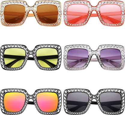 Frienda 6 Pairs Rhinestone Oversized Square Sunglasses 70s Women Dazzled Sunglasses for Disco Party Concert Photo Props