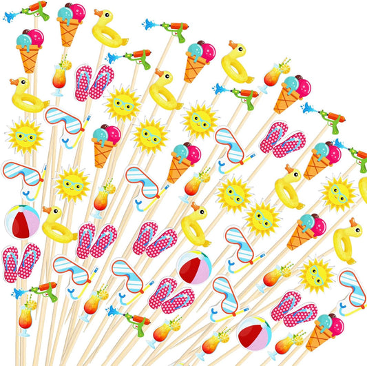 Rtteri 200 Pcs Summer Pool Beach Cocktail Picks Hawaiian Cocktail Picks Cocktail Bamboo Picks Centerpiece Sticks Beach Birthday Party Cocktail Toothpicks for Drinks Holiday Appetizers Table Supplies