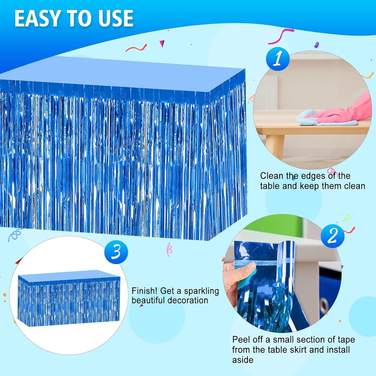 2 Pack 29.5x108 Inch Silver Foil Tinsel Fringe Table Skirts, Disposable Table Skirts for Rectangle Tables Curtains Backdrop Parade Wedding Floats Baby Shower Birthday Mardi Gras Party