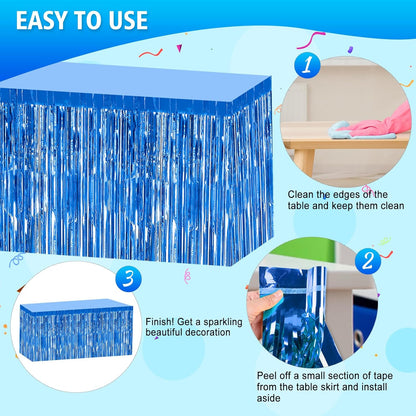 2 Pack 29.5x108 Inch Silver Foil Tinsel Fringe Table Skirts, Disposable Table Skirts for Rectangle Tables Curtains Backdrop Parade Wedding Floats Baby Shower Birthday Mardi Gras Party