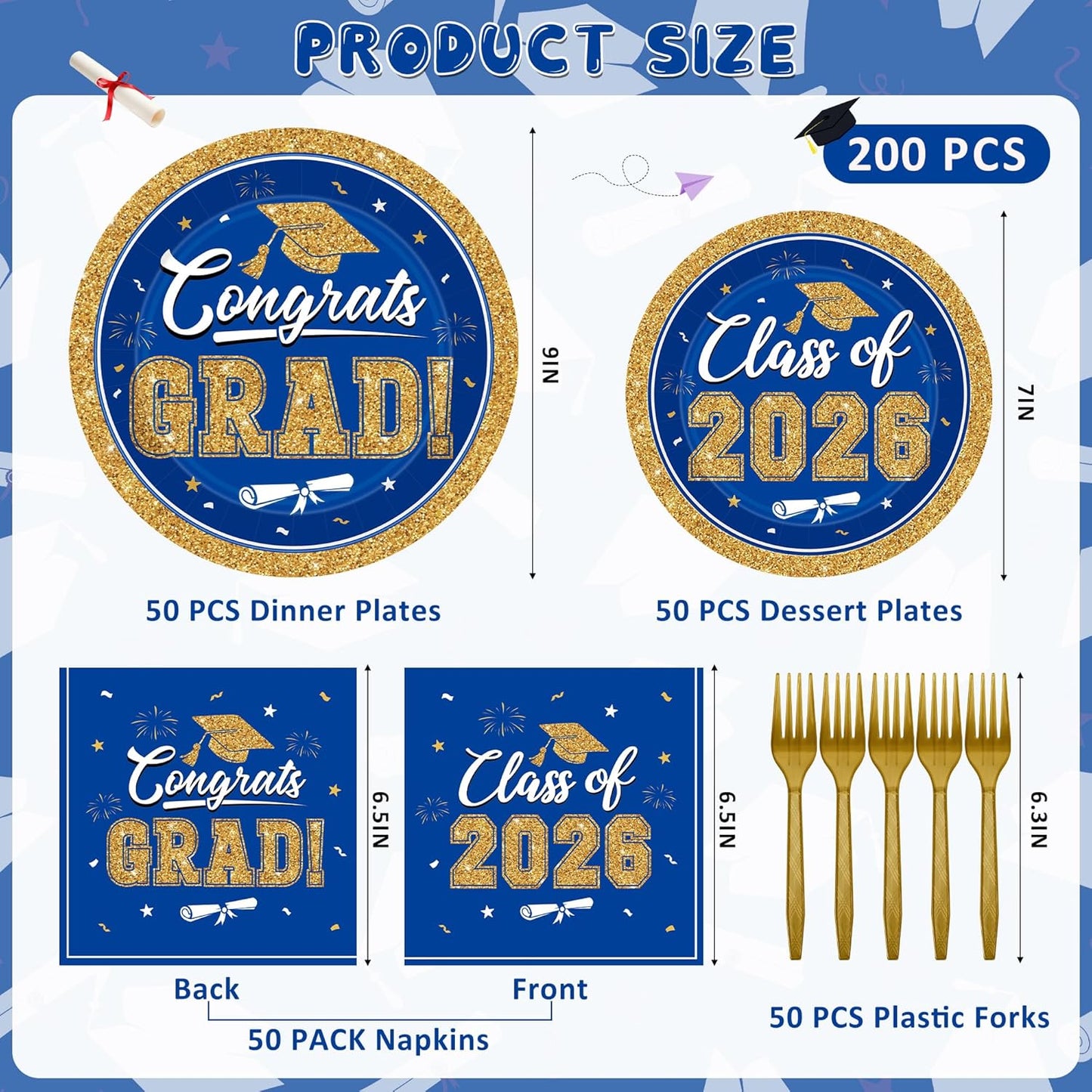 200Pcs Graduation Decorations 2026, Blue Graduation Plates and Napkins Party Supplies for 50 Guests, Disposable Grad Plates, Napkins, Dessert Plates and Forks for Grad Decor Wedding Birthday Supplies