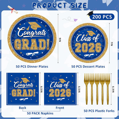 200Pcs Graduation Decorations 2026, Blue Graduation Plates and Napkins Party Supplies for 50 Guests, Disposable Grad Plates, Napkins, Dessert Plates and Forks for Grad Decor Wedding Birthday Supplies