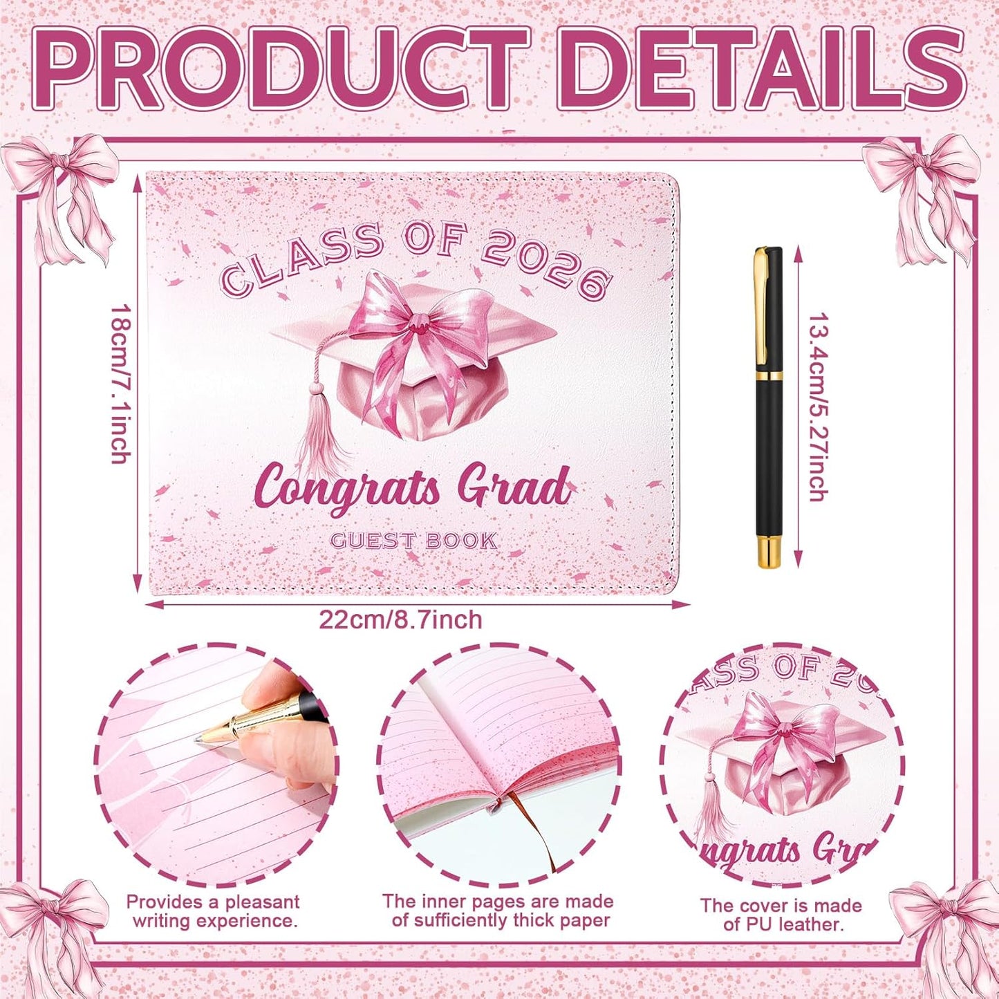 Patelai Pink Bow Graduation Guest Book Class of 2026 Party Decorations Leather Graduation Guest Signature Party Sign Gift with Pen, 112 Pages (Congrats Grad)