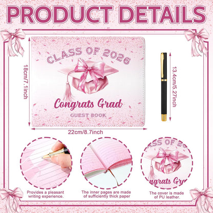 Patelai Pink Bow Graduation Guest Book Class of 2026 Party Decorations Leather Graduation Guest Signature Party Sign Gift with Pen, 112 Pages (Congrats Grad)
