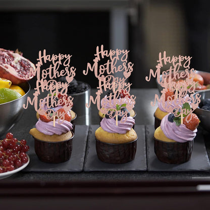 24 PCS Happy Mother's Day Cupcake Toppers with Glitter Heart Love Mother Best Mom Cupcake Picks for Happy Mother's Day Theme Women Birthday Party Cake Decorations Supplies Rose Gold