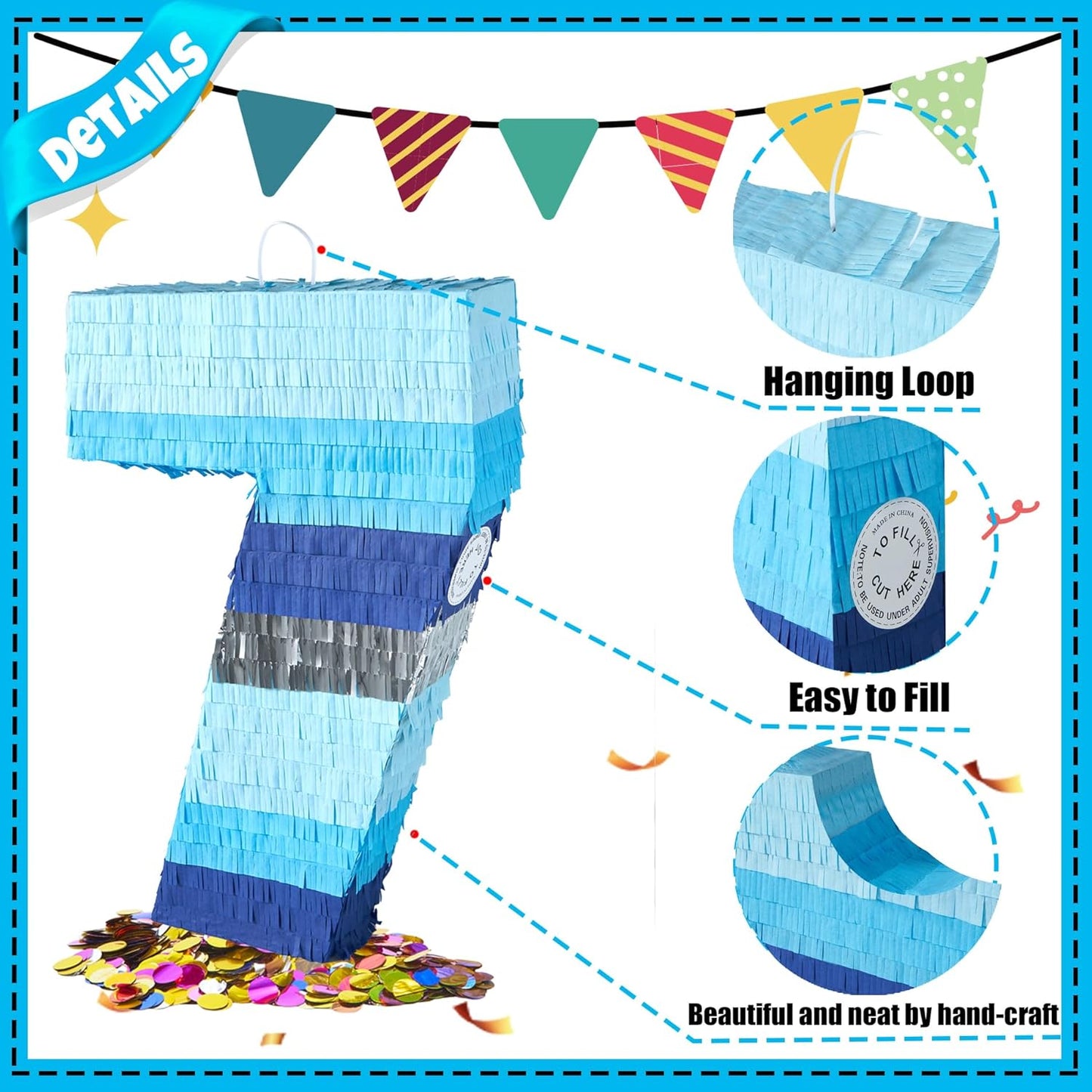 PCFING 20 Inch Number 3 Piñata Blue Silver with 30 Inch Piñata Stick Blindfold Confetti for Boys Girls Adults Birthday Party Decorations, Anniversary Celebration, Fiesta
