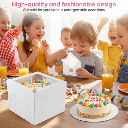 2 Pack 12 x 12 x 8 in Cake Boxes with Window & Cake Boards — Disposable Cake Carrier Boxes with Lid, Includes Stickers, Envelopes, Greeting Cards & Ribbon — Bakery Boxes for Cakes & Cupcakes