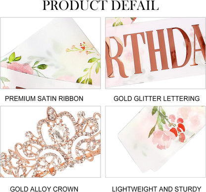 COCIDE Birthday Queen Sash & Rhinestone Tiara Set Gold Happy Birthday Crowns for Women Party Decoration Kit Rhinestone Headband for Women Glitter Crystal Hair Accessories for Cake Topper