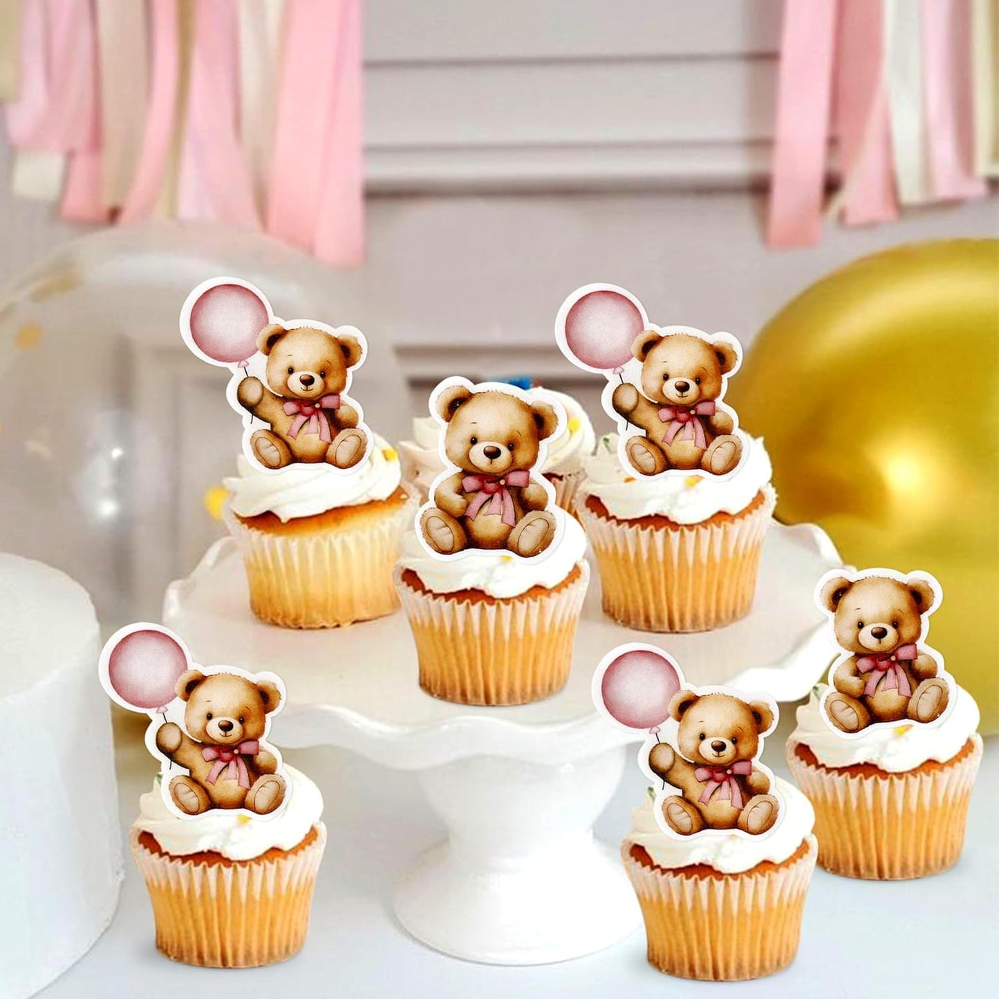 36Pcs Blue Baby Bear Cupcake Toppers Balloon Teddy Bears Cupcake Picks for Blue Baby Shower Gender Reveal Boys Bearly Birthday Cupcake Decorations We Can Bearly Wait Party Decorations Supplies