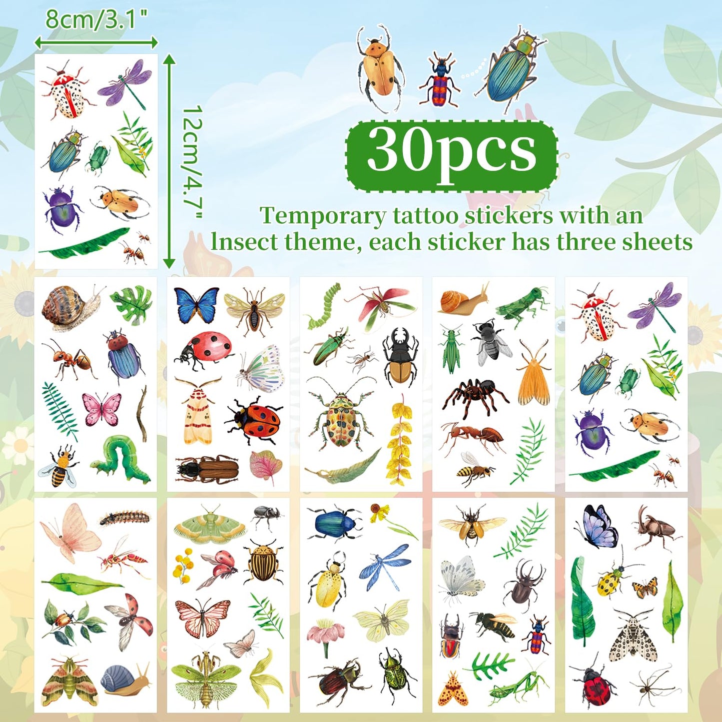 60PCS Bugs Party Set, 30PCS Temporary Tattoos, 30PCS Slap Bracelets, Insect Themed Birthday Supplies, Garden Reptile Party decoration, Baby Shower Gifts, Classroom Rewards, Decor for Kids