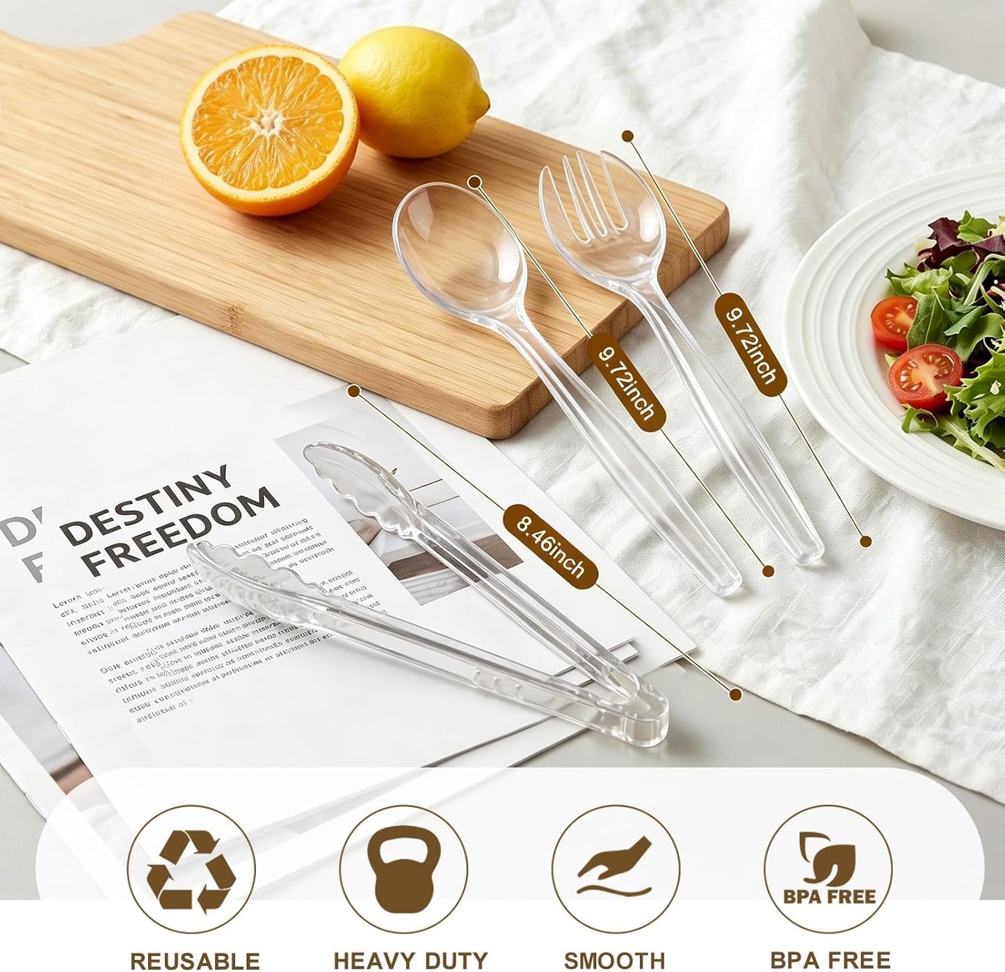 24 Pcs Disposable Black Plastic Serving Utensils,8 Set Including 9.72" Plastic Serving Spoons, Forks and 8.46" Tongs, for Dinner Parties, Buffets,Banquets, Events, Weddings, and Daily Use