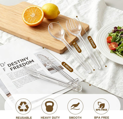 24 Pcs Disposable Black Plastic Serving Utensils,8 Set Including 9.72" Plastic Serving Spoons, Forks and 8.46" Tongs, for Dinner Parties, Buffets,Banquets, Events, Weddings, and Daily Use