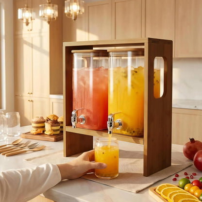 2 PCS 1.2 Gallon Drink Dispenser, Glass Beverage Dispenser with Wood Stand and Detachable Food Platter, Party Drink Dispensers for Lemonade, Juice, Tea, Ice Coffee