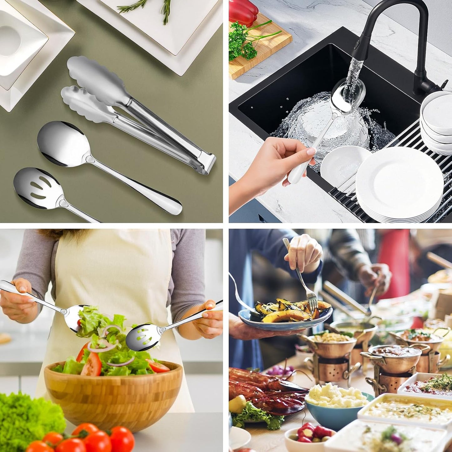 17PCS Serving Utensils Set Flatware, Stainless Steel Serveware Large Serving Spoons, Slotted Spoons, Forks, Tongs, Cake Server,Soup and Skimmer Spoon for Buffet, Catering, Party, Dinner (Silver)