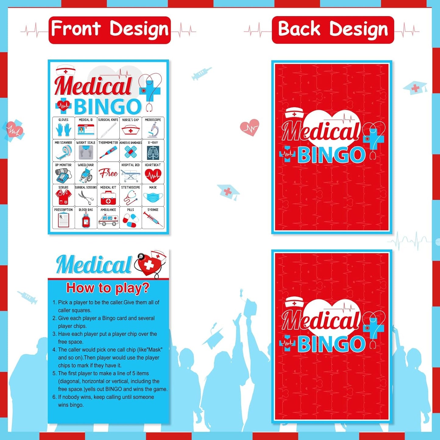 Cheereveal Nurse Graduation Party Games, Nurse Graduation Bingo Game with 12 Player Chips, 24 Medical Bingo Cards for Graduation Party Games 2026, Nursing Grad Party Activities Supplies