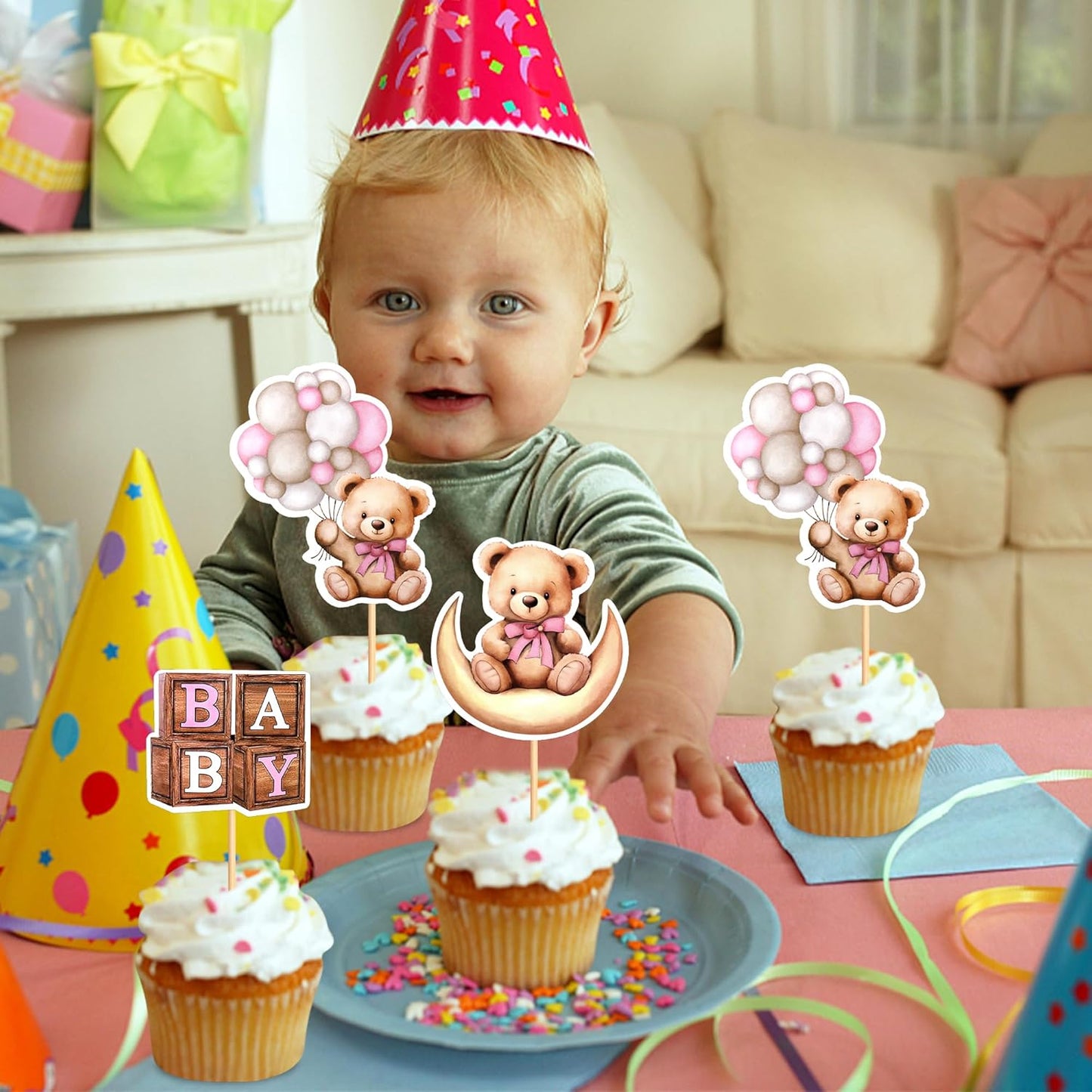 36Pcs Blue Baby Bear Cupcake Toppers Balloon Teddy Bears Cupcake Picks for Blue Baby Shower Gender Reveal Boys Bearly Birthday Cupcake Decorations We Can Bearly Wait Party Decorations Supplies