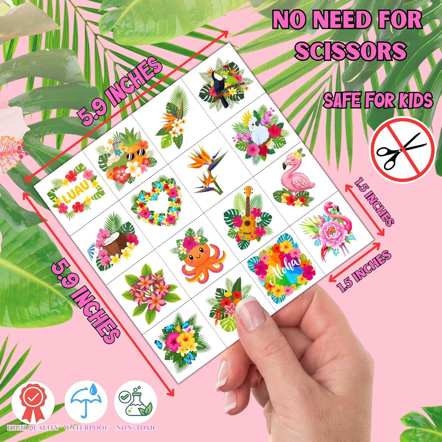 Tropical Flower Hawaiian Temporary Tattoos for Kids - 96 PCS Pre-cut Hawaii Luau Hibiscus Plumeria Party Favors Flower Summer Waterproof Stickers for Summer Aloha Party Decoration Supplies