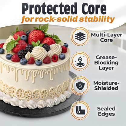 12 Inch Cake Drum, Black Cake Board for Picture-Ready Celebration Cakes, 1/2 Inch Thick Round Cardboard Base with Grease & Moisture Resistant Surface and Decorative Pattern for Parties and Weddings