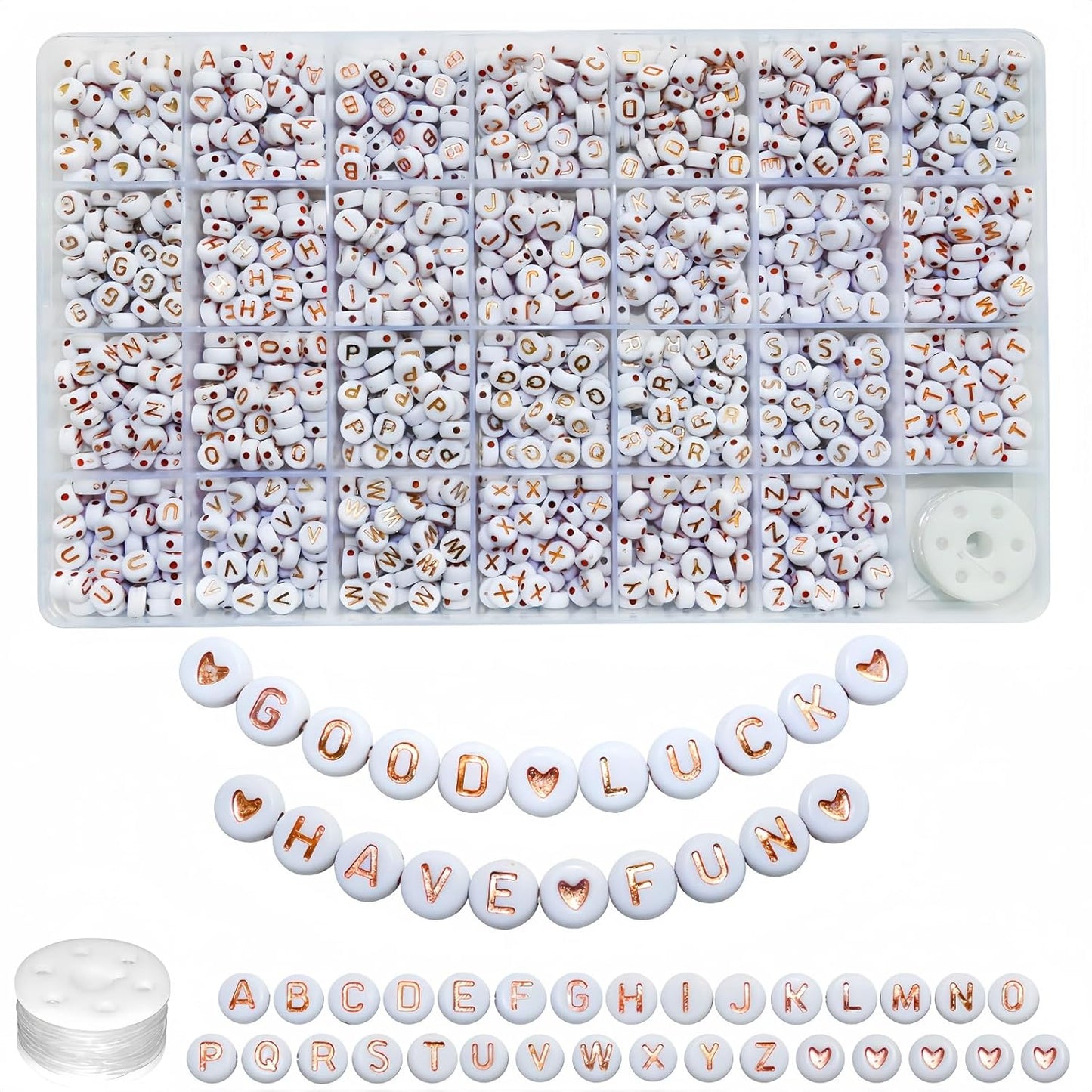 Amaney 1400pcs Glow Letter Beads, Heart Beads Whit Elastic Beading Cord,4x7mm Round Acrylic Alphabet Beads for Friend Bracelet Jewelry Making