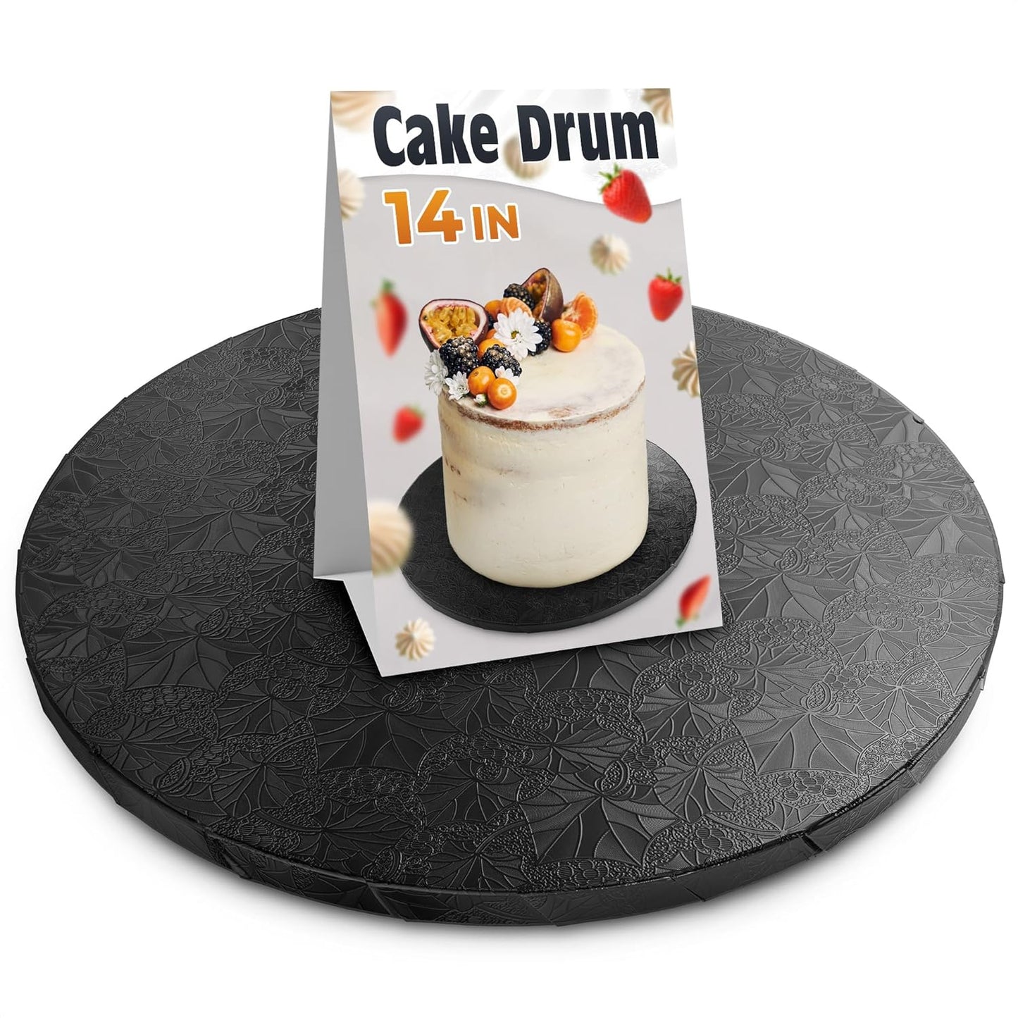12 Inch Cake Drum, Black Cake Board for Picture-Ready Celebration Cakes, 1/2 Inch Thick Round Cardboard Base with Grease & Moisture Resistant Surface and Decorative Pattern for Parties and Weddings
