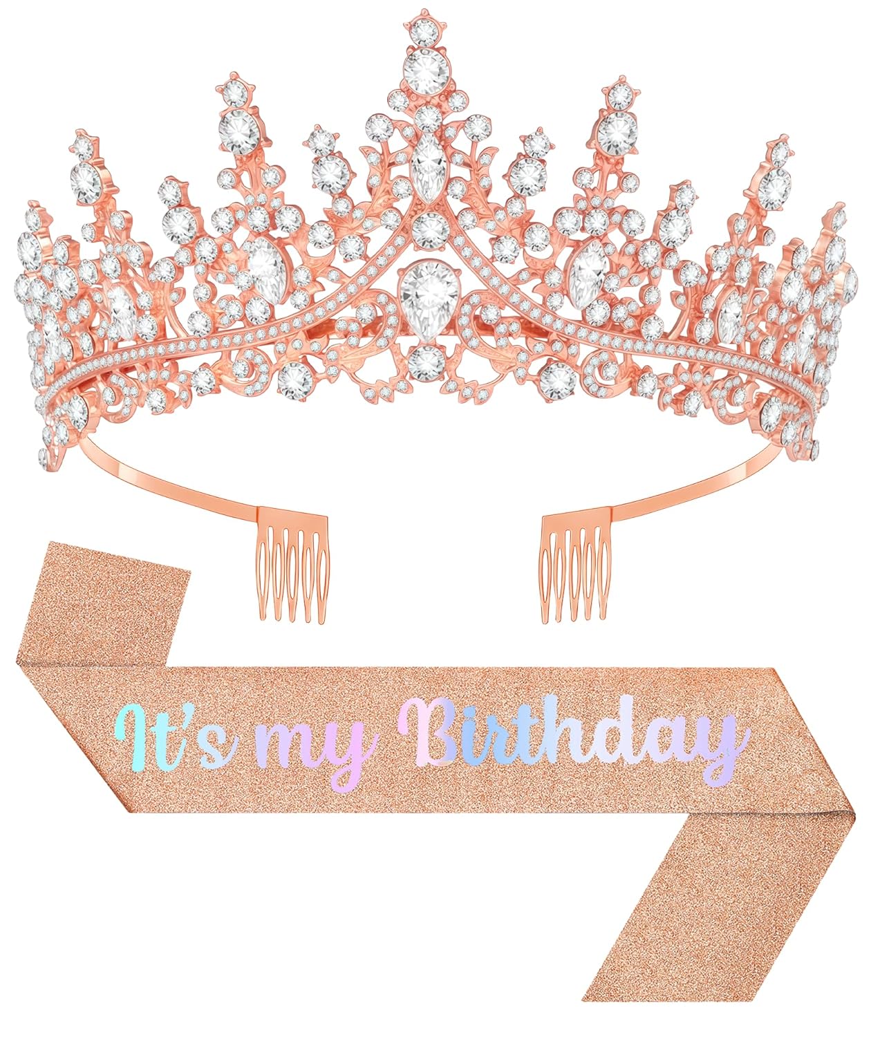 Birthday Tiara and Crown with Sash, Birthday Tiara for Women Party Silver