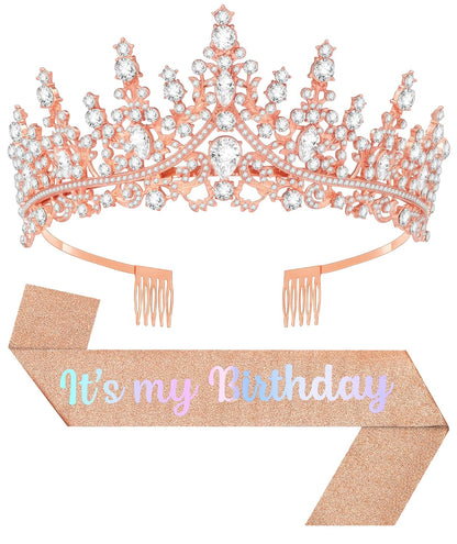 Birthday Tiara and Crown with Sash, Birthday Tiara for Women Party Silver
