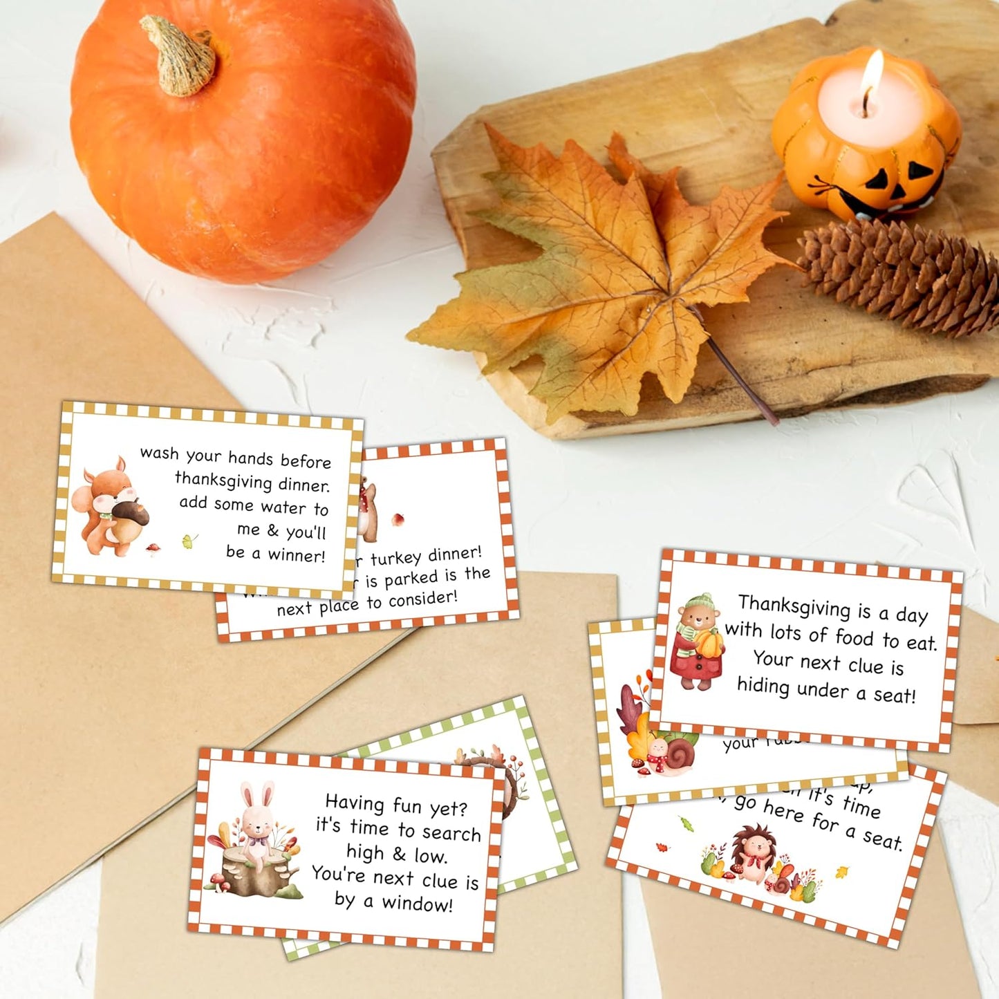 Thanksgiving Scavenger Hunt Clues Card, Outdoor Indoor Autumn Harvest Games, Thanksgiving Party Supplies Decoration, Set of 16 Cards with Colourful Envelopes -A01