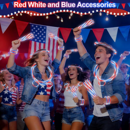 200 PCS 4th of July Glow Sticks Bulk with Connectors,Red White Blue 3 Colors In 1 Glow in The Dark Stick, Light Up Bracelets & Necklaces for Kids & Adults, 250th Anniversary USA Party Favor Supplies