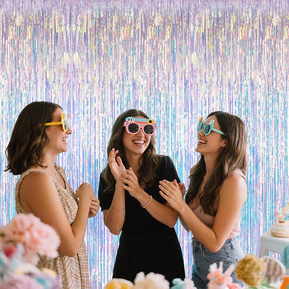 Iridescent Party Decorations Fringe Backdrop, Sparkling Holographic Foil Fringe Tinsel Curtains for Frozen Mermaid Birthday Party Decor - 3.28x6.56ft 2 Packs