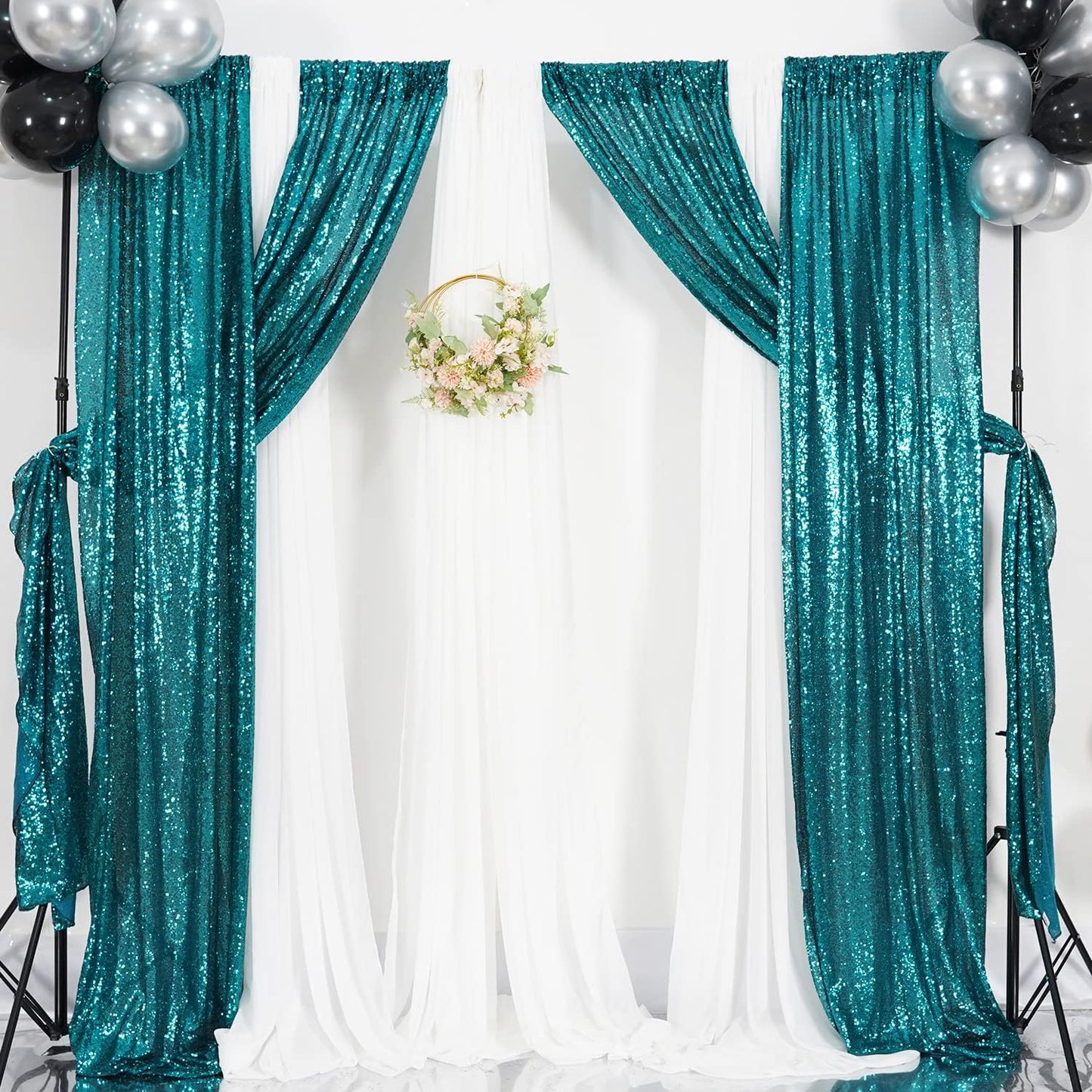 Poise3EHome Black Sequin Backdrop Curtains, 2 Panels 2FTx8FT Glitter Photo Booth Backdrop for Halloween Birthday Bachelorette Wednesday Twilight Party Decorations